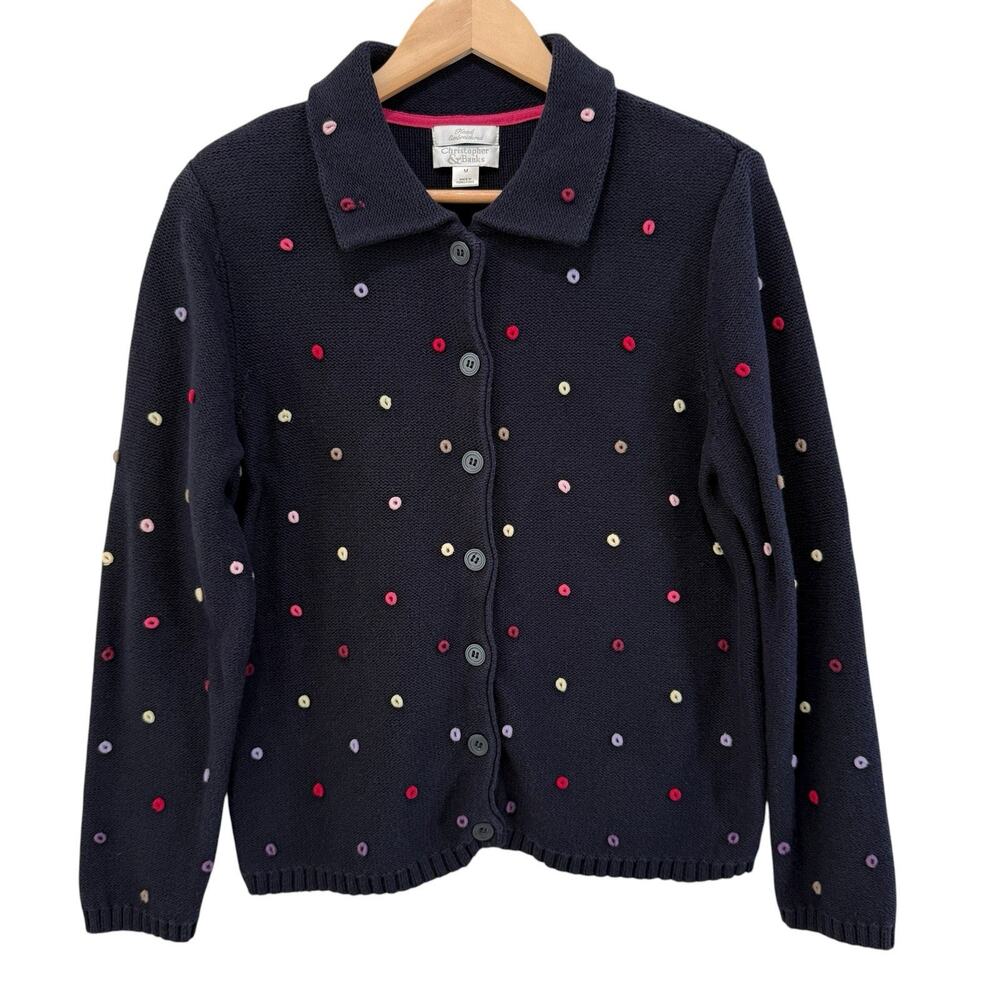 Vtg Y2K Polka Dot Hand Embroidered Navy Cardigan Christopher & Banks Sweater‎ M